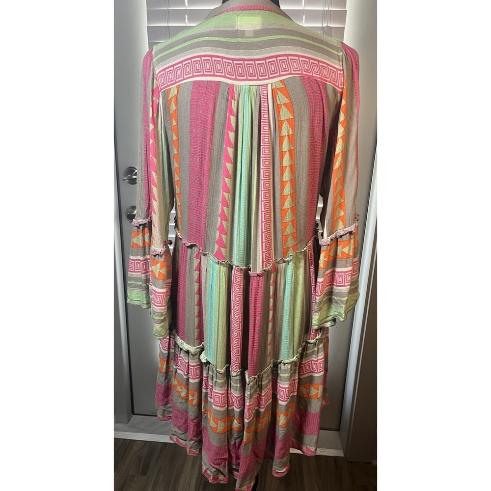 Elan Boho Tiered Babydoll Dress S Bell Sleeve Geo Print Multicolor Festival - Picture 10 of 15